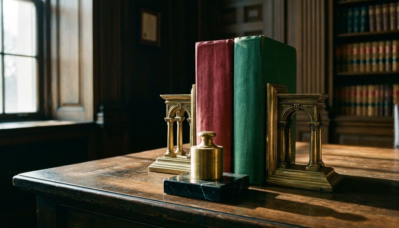 Two unlettered legal volumes held by brass bookends beside a brass weight on a marble plinth.