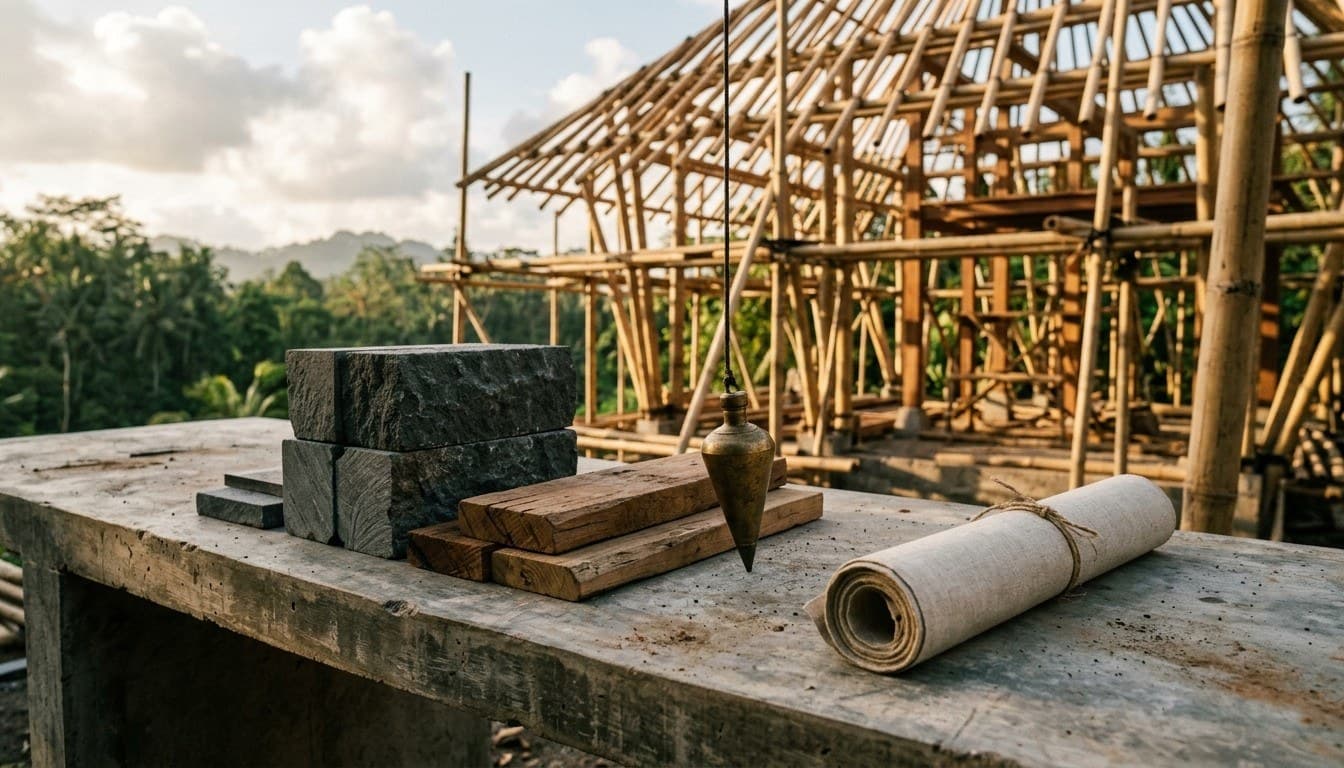Cut volcanic stone blocks, timber samples, and a brass plumb bob on a concrete bench overlooking a bamboo building structure.