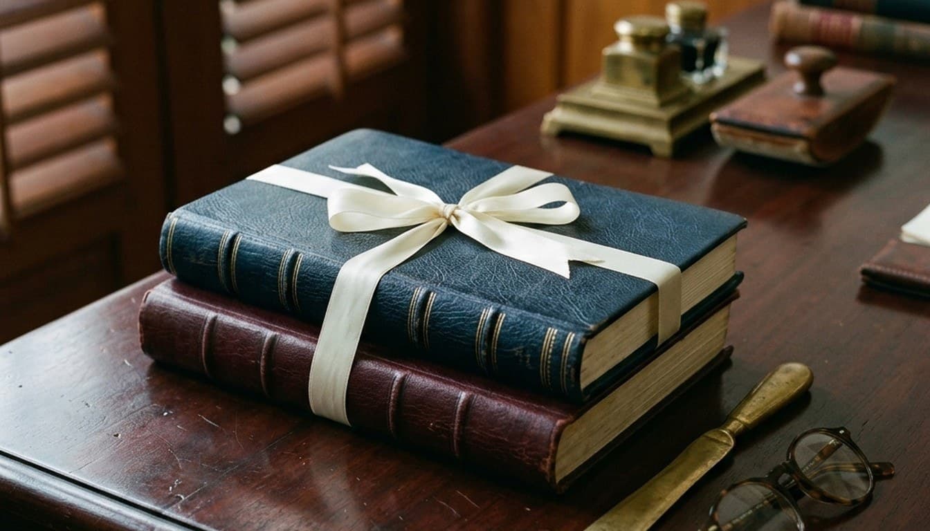 Navy and burgundy leather legal folios tied with an ivory ribbon beside a brass paper knife on a mahogany desk.