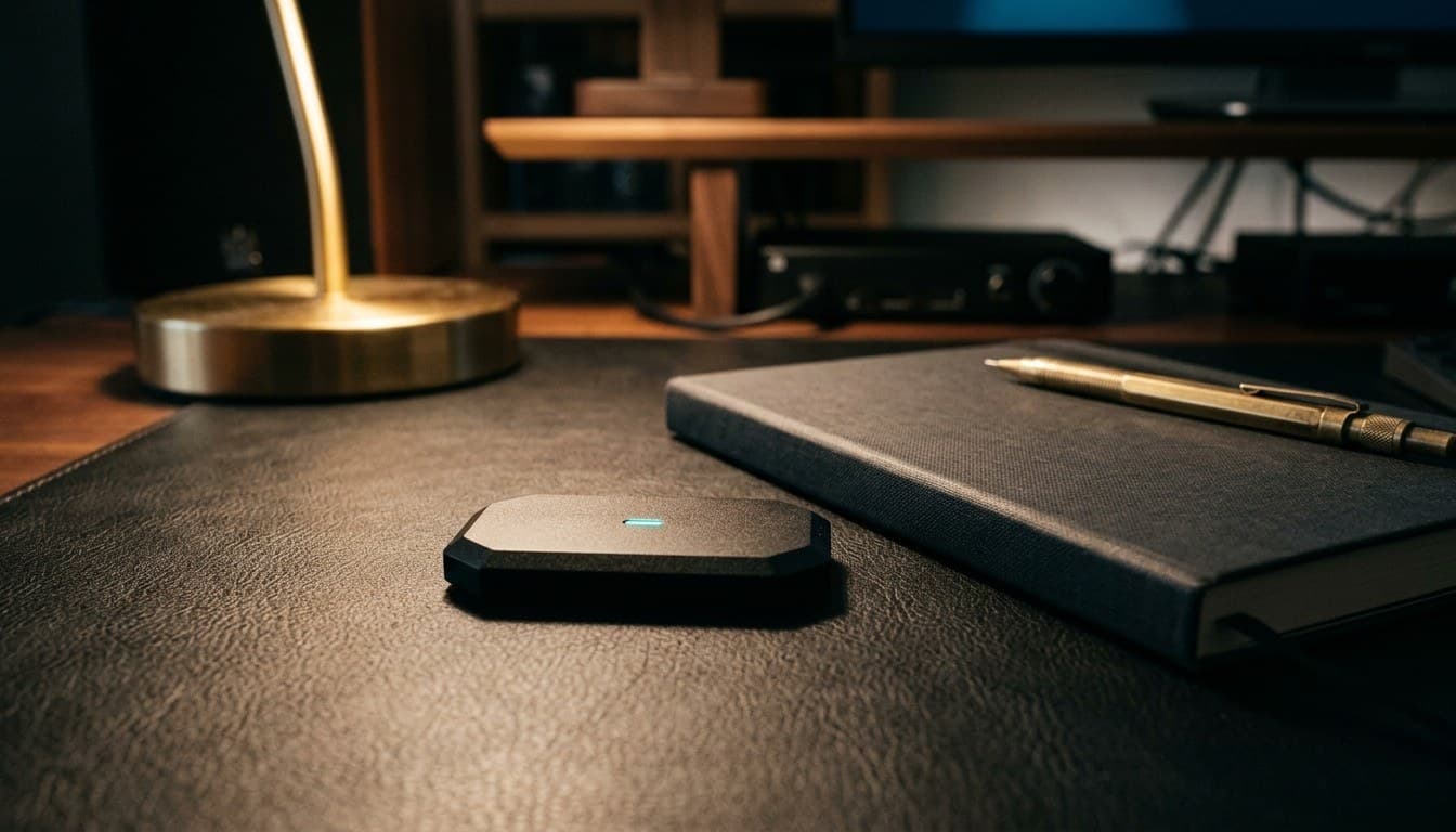 A sleek black hardware security token with a glowing cyan light on a leather desk pad beside a notebook and brass pencil.