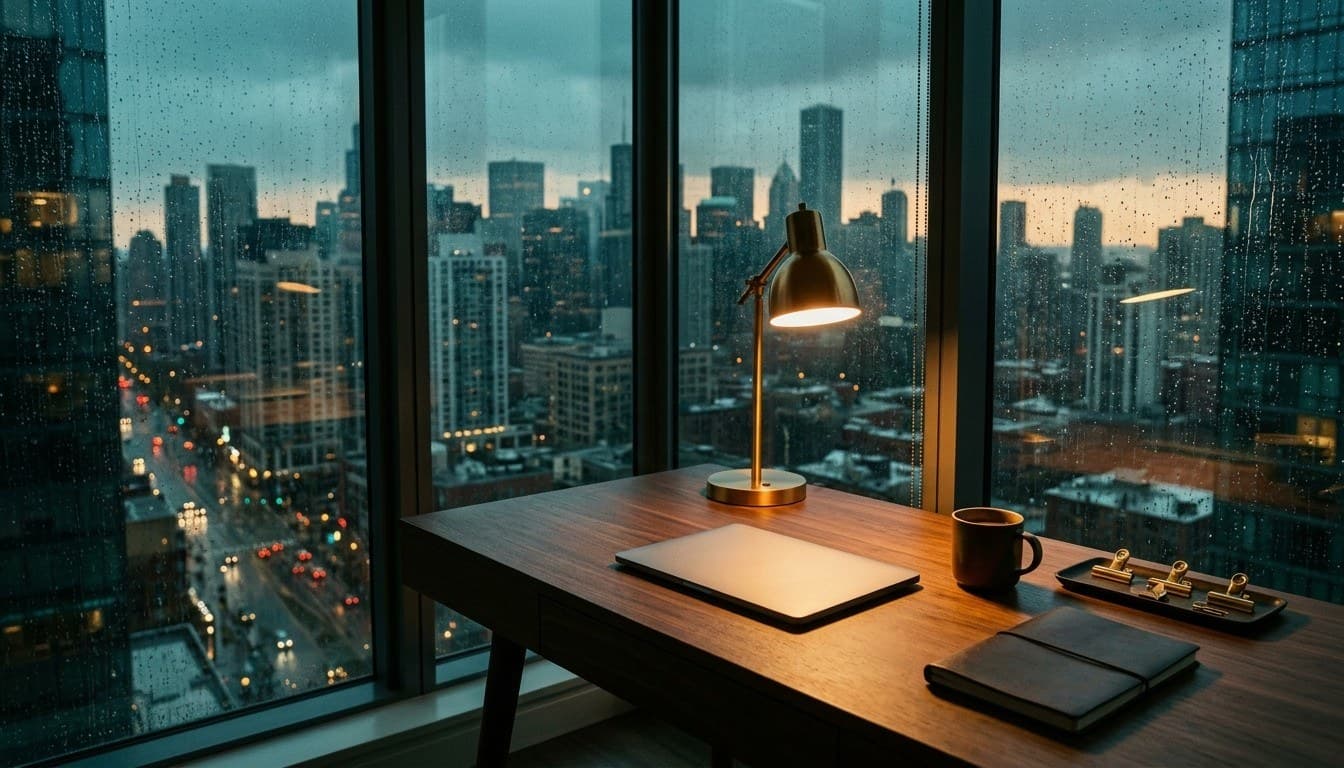 A minimalist executive office desk with a brass lamp and closed laptop overlooking a rainy tropical city skyline at dusk.