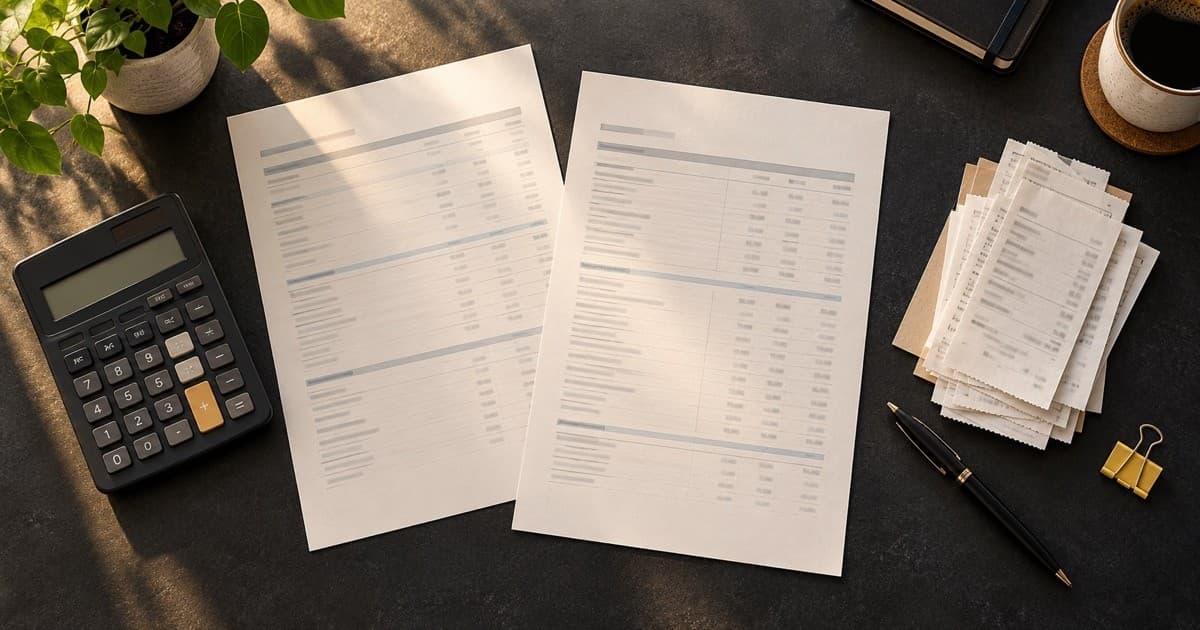 Editorial illustration of a calculator, payment receipts and two tax working papers on an accountant's desk.