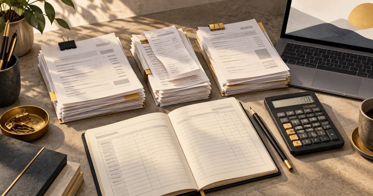 Editorial illustration of tax records, payment receipts and a calculator on an accountant's desk.