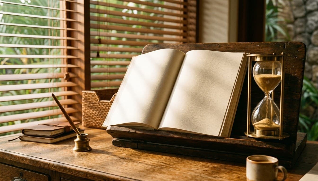 A blank open linen ledger on a wooden bookstand beside a brass hourglass on a sunlit teak desk with shuttered morning light.
