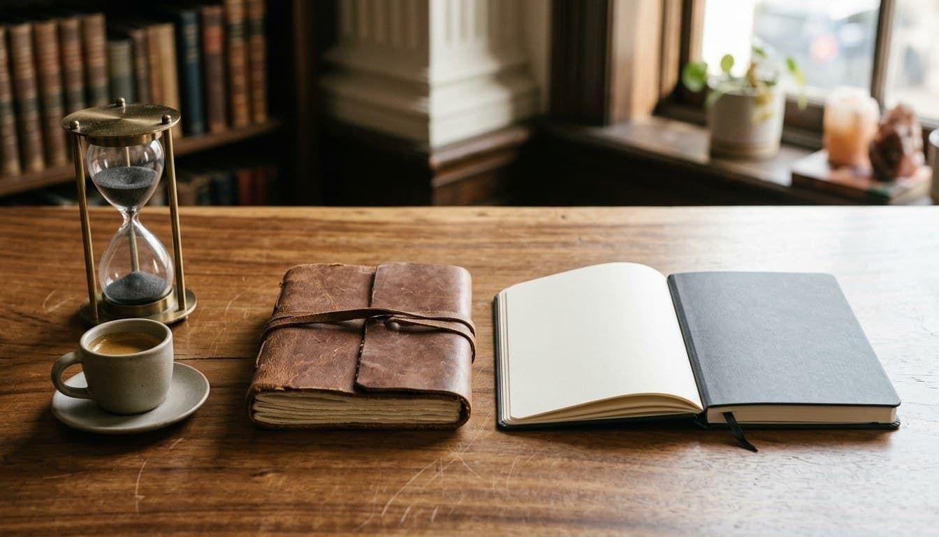 A vintage leather journal and a sleek modern notebook beside a brass hourglass and espresso on a timber desk.
