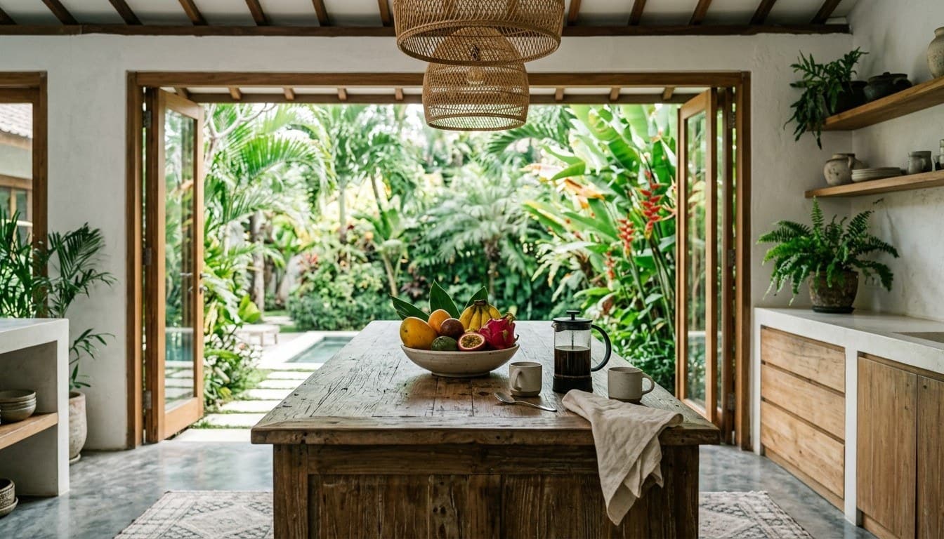A wooden kitchen island topped with tropical fruits and a coffee press inside an open-air villa overlooking a lush garden and pool.