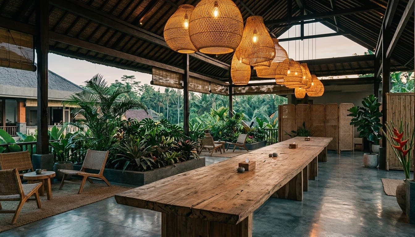 A spacious tropical coworking space in Bali with a long solid timber workbench and woven rattan pendant lamps surrounded by greenery.