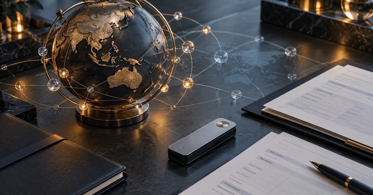 Conceptual globe and connected nodes beside financial records and an unbranded hardware wallet