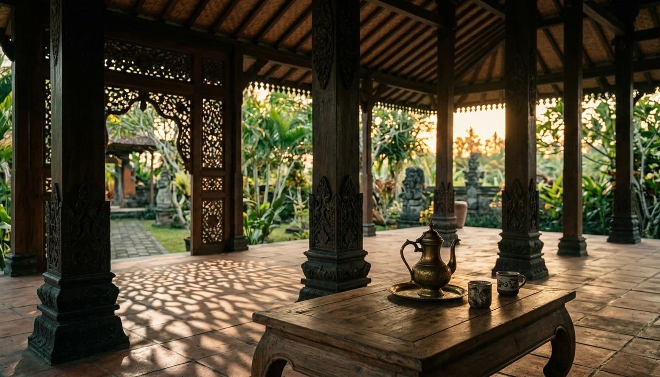 An intricately carved timber joglo veranda in Indonesia with a vintage brass teapot on a low table bathed in golden afternoon light.