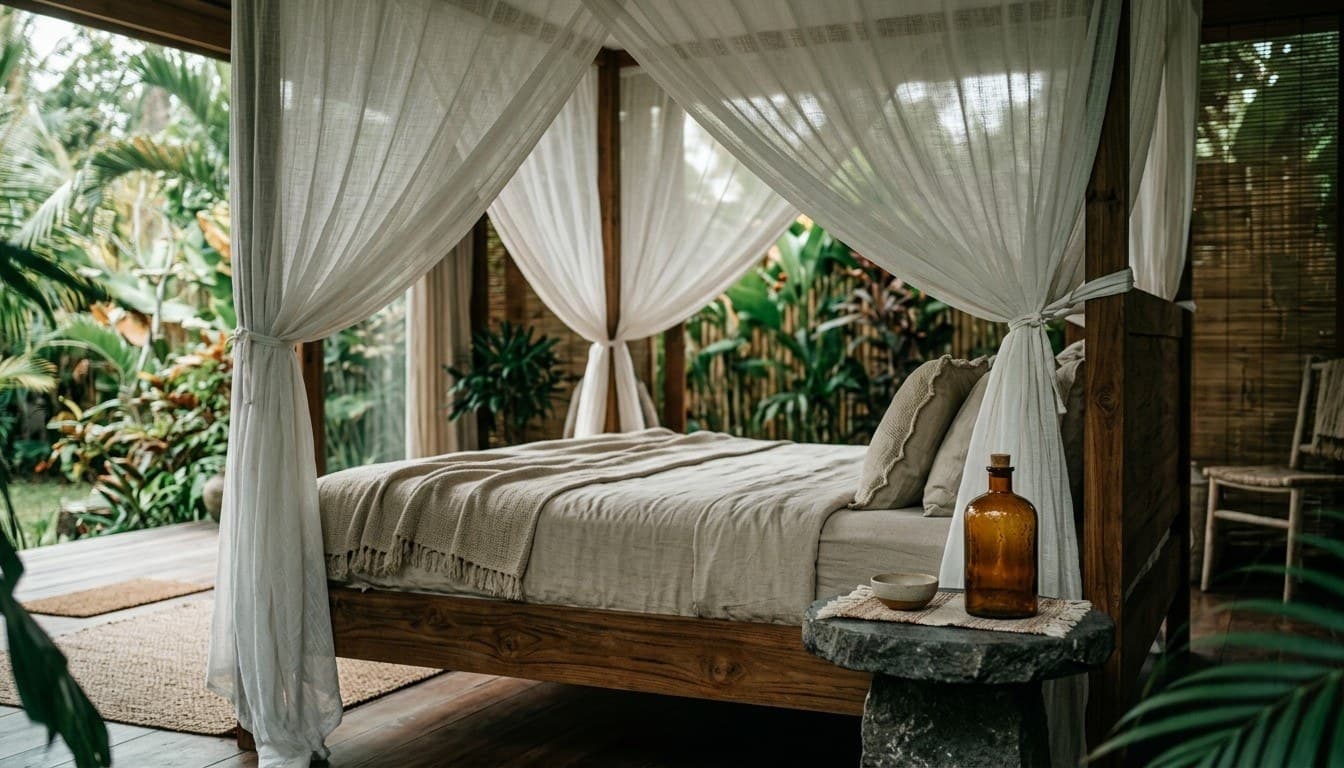 A timber bed draped in sheer white linen mosquito netting beside a stone pedestal with an amber tincture bottle in an open-air pavilion.
