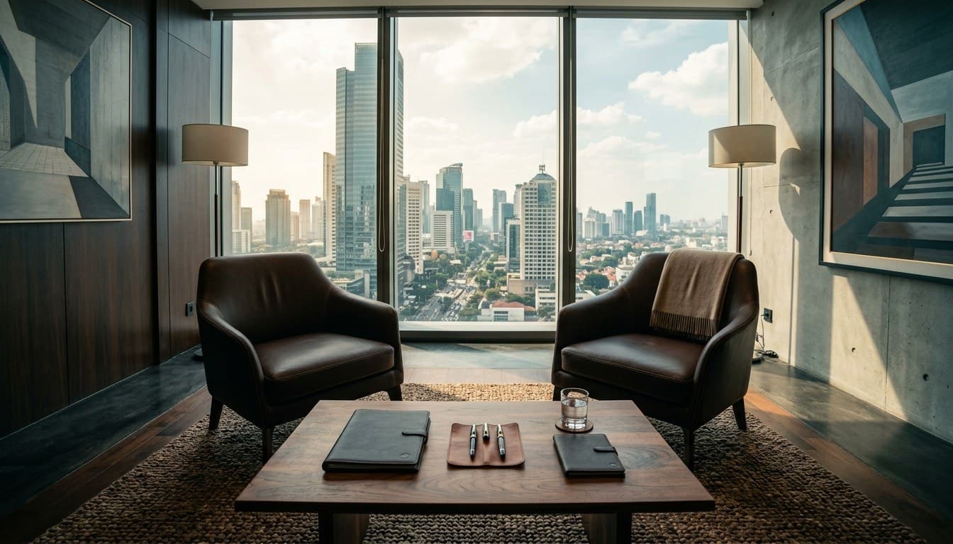 An executive consultation room with paired leather armchairs, timber table, and executive document folios overlooking an urban skyline.