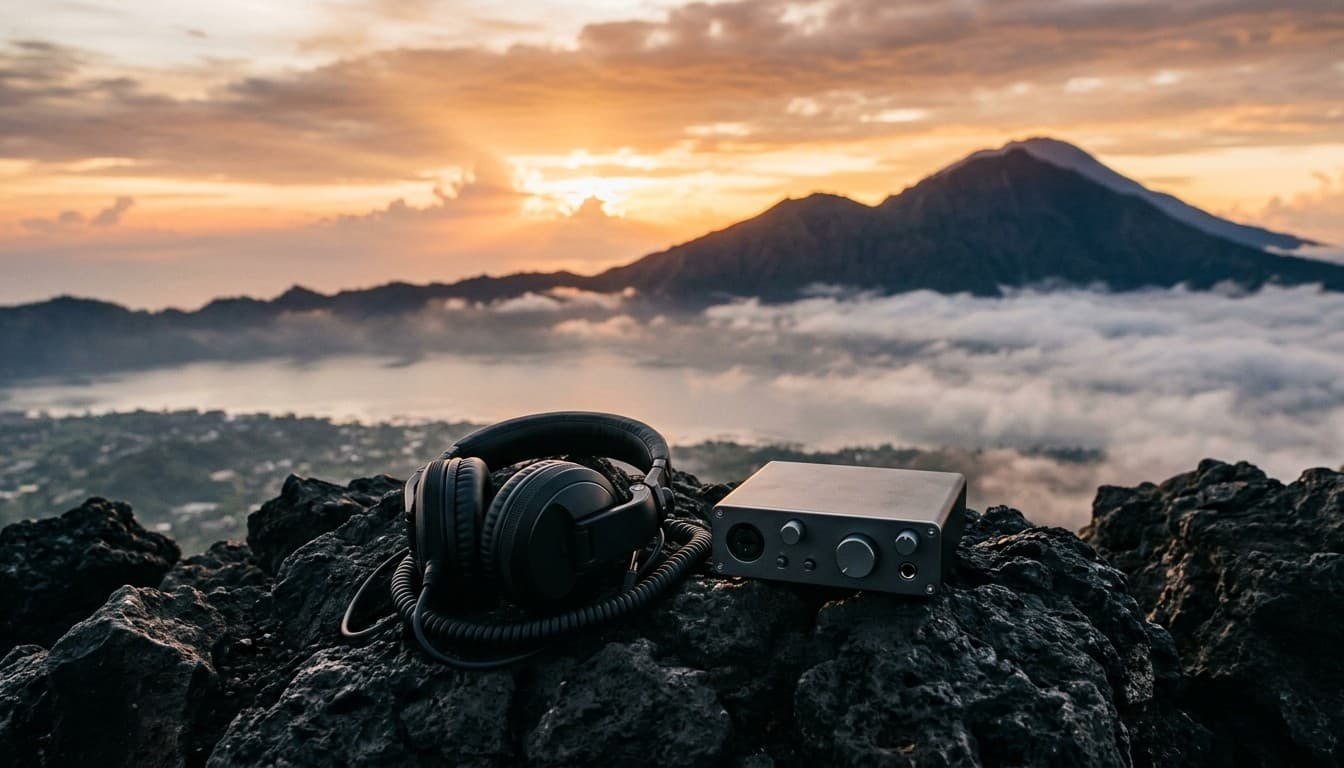 Cinematic photograph of DJ monitor headphones and audio interface on black volcanic rock at Mount Batur sunrise
