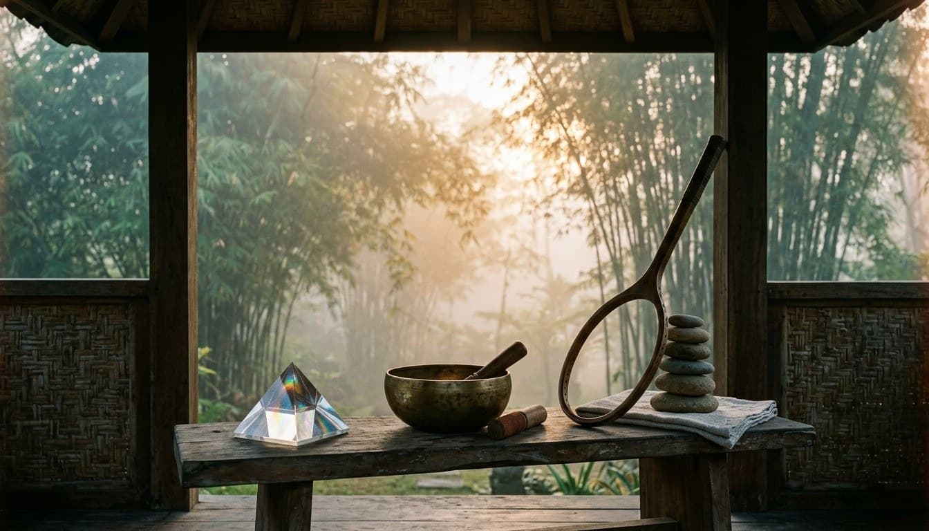 A clear quartz pyramid, brass singing bowl, and vintage wooden tennis racquet frame on a meditation bench.