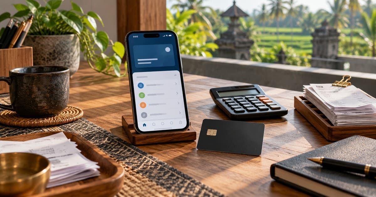 Illustrative digital payment review with a phone, blank bank card, calculator and receipts