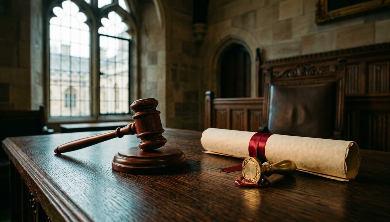 Editorial photograph of a parliamentary hearing desk with mahogany gavel, blank scroll, and brass seal stamp