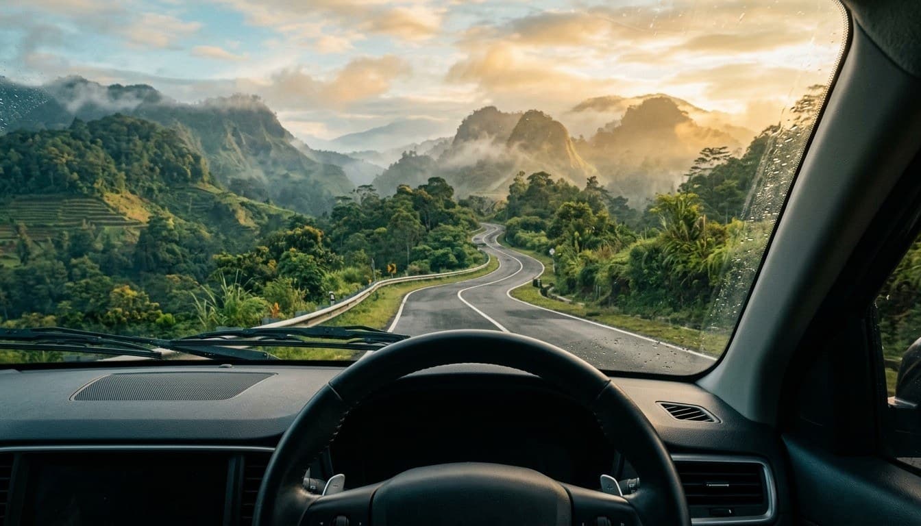 A view through the windshield of a car looking out at a winding highway curling through lush green volcanic mountains at dawn.