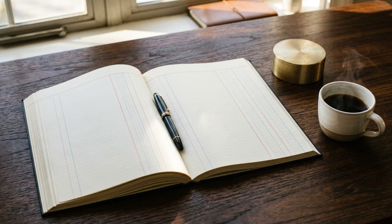 A clean accounting reconciliation desk with an open blank columnar ledger, fountain pen, and steaming coffee.