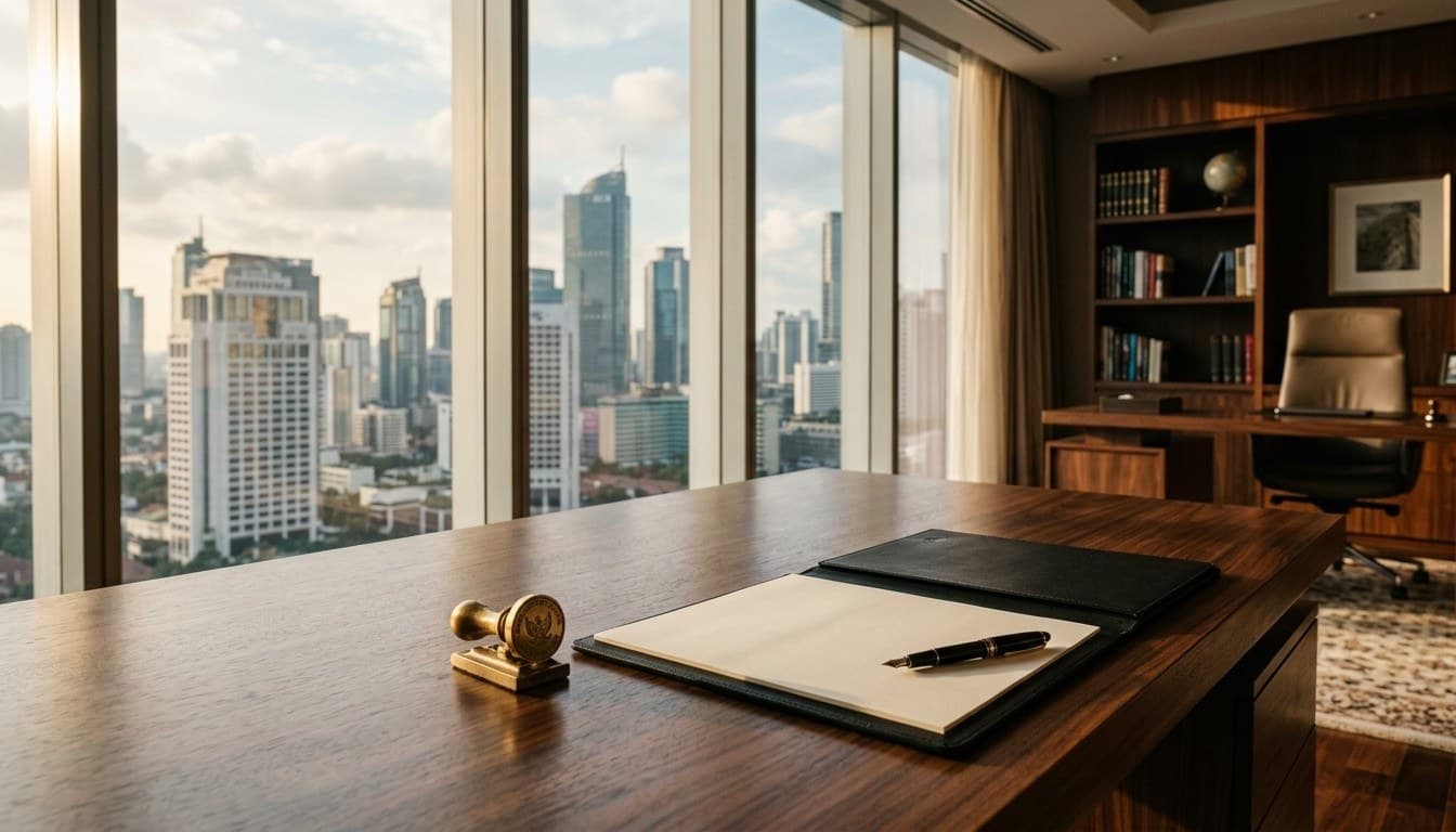 A corporate director executive desk with a brass desk seal and blank folder overlooking the Jakarta skyline at sunrise.