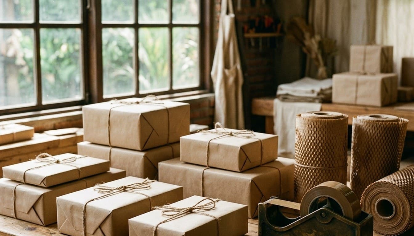 Stacked kraft paper parcel boxes tied with jute twine beside a brass tape dispenser on a packing studio bench.