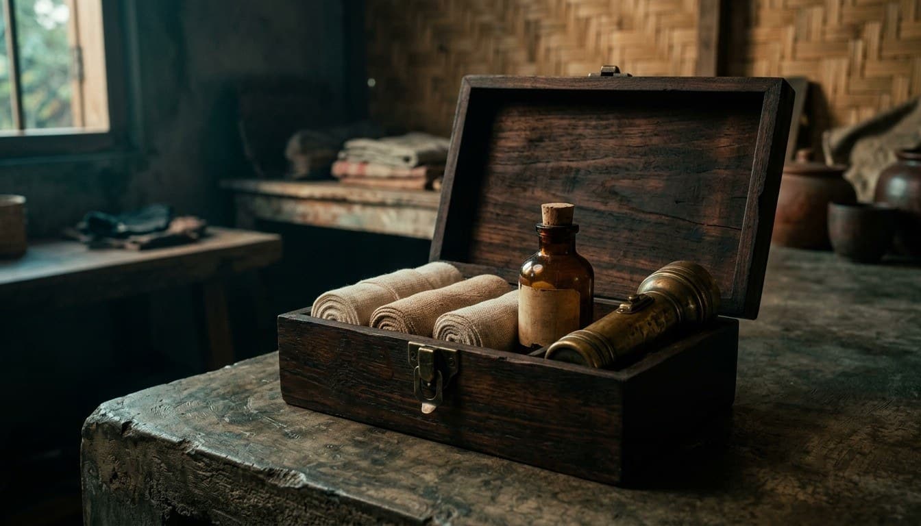An open dark wooden emergency kit with rolled linen bandages, an amber apothecary vial, and a brass flashlight in chiaroscuro light.