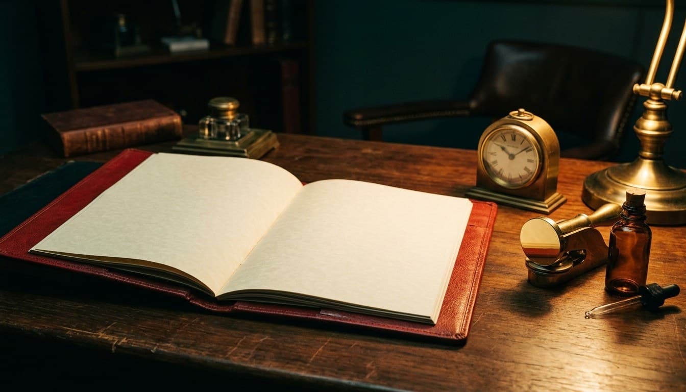 An open red leather emergency register, brass clock, seal embosser, and amber apothecary vial under warm lamplight.