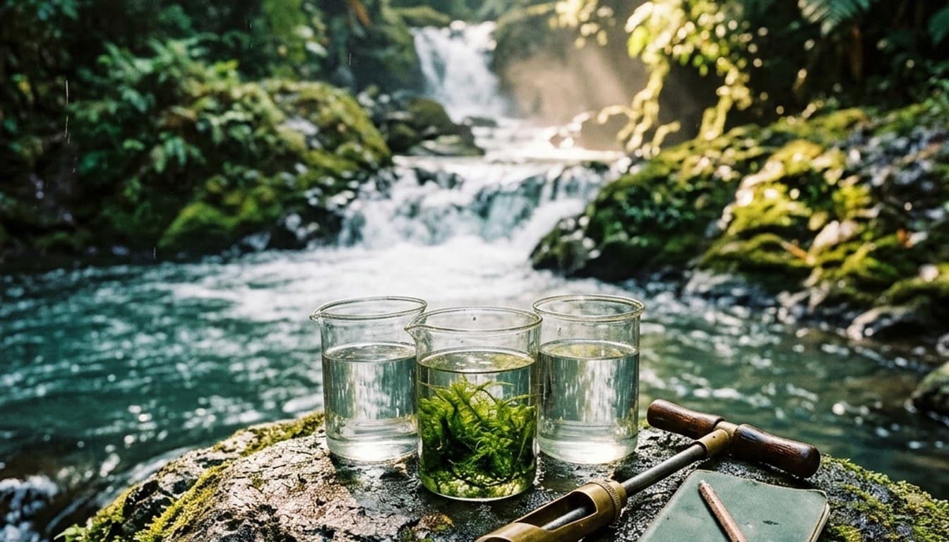 Glass laboratory beakers with botanical moss samples and a brass field probe on a mossy river rock in Bali.