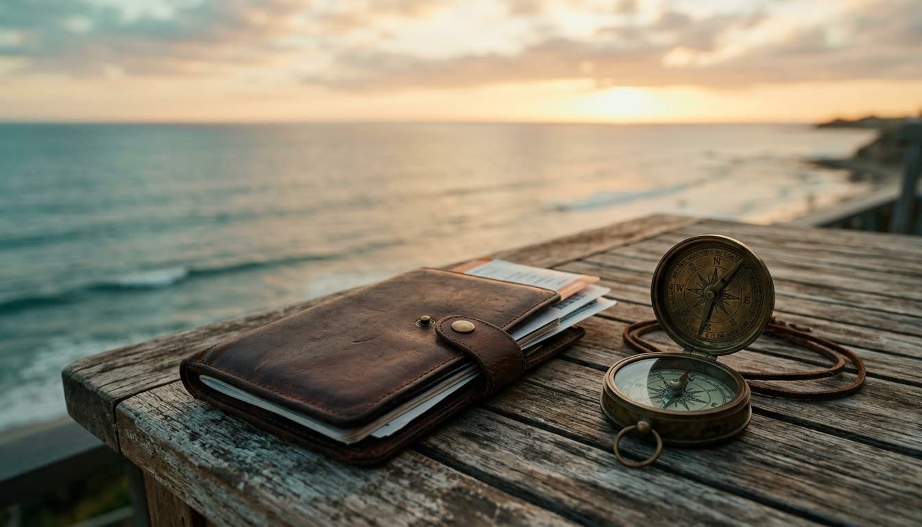 A weathered leather travel wallet and brass pocket compass on a timber terrace overlooking the ocean during sunset.