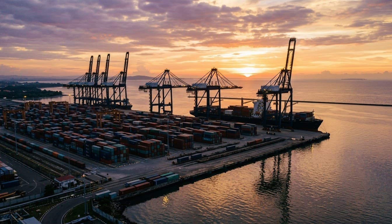 Silhouetted port gantry cranes and shipping container stacks at sunrise over a tranquil Indonesian shipping terminal harbor.