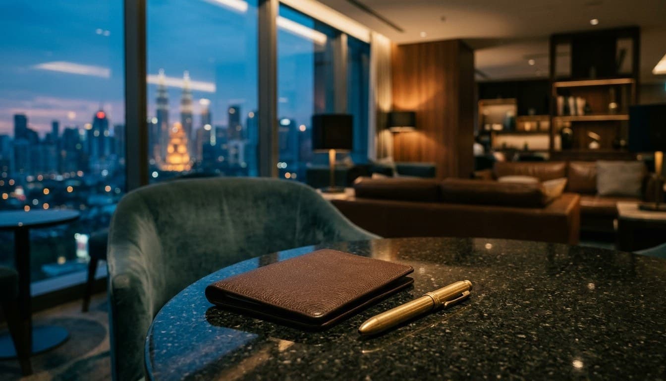 A brown leather passport wallet and brass fountain pen set on a granite table inside an executive lounge overlooking an illuminated city skyline at dusk.