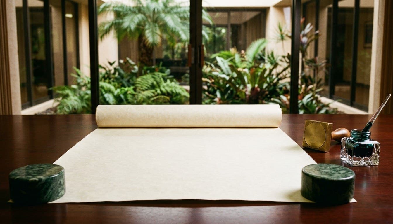An unrolled blank parchment scroll weighted with green marble cylinders, beside an unengraved brass seal and inkwell.