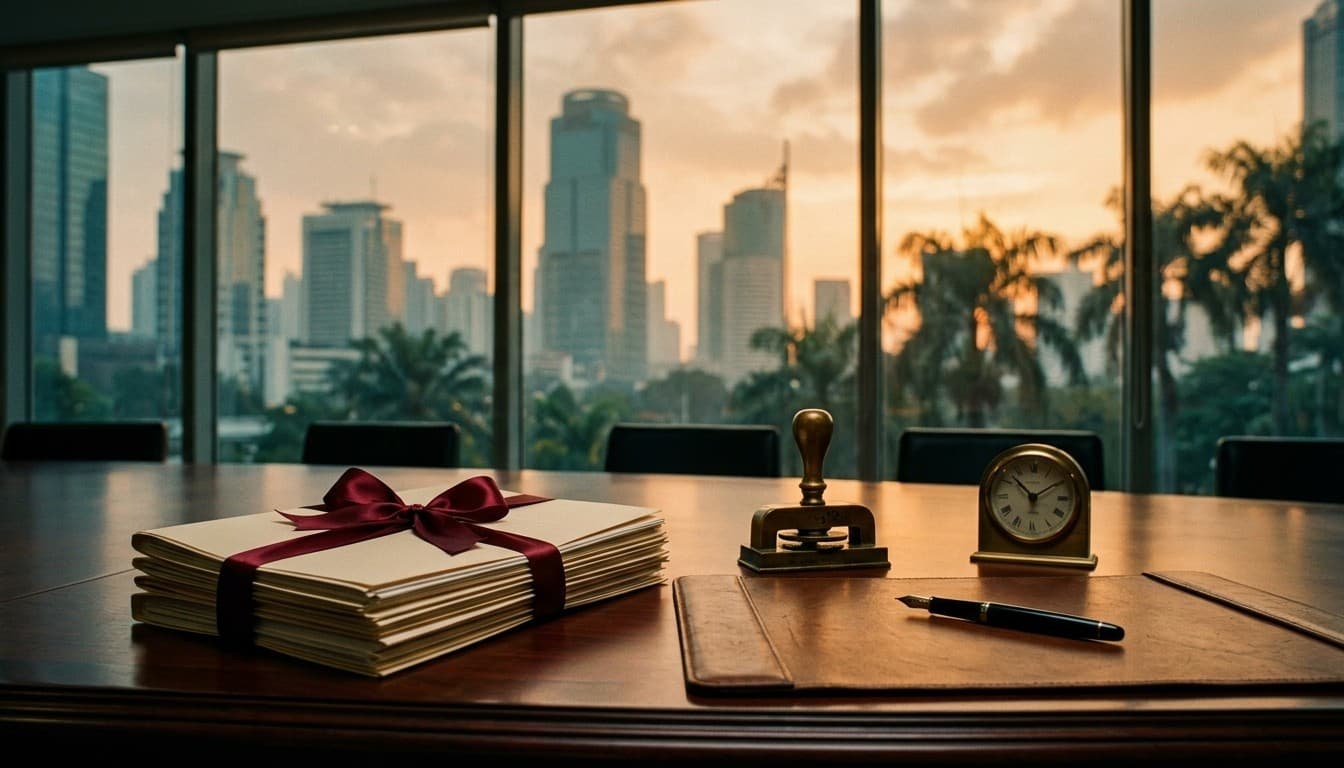 A stack of ribbon-bound legal dossiers, brass seal press, and desk clock on a boardroom table overlooking city towers.