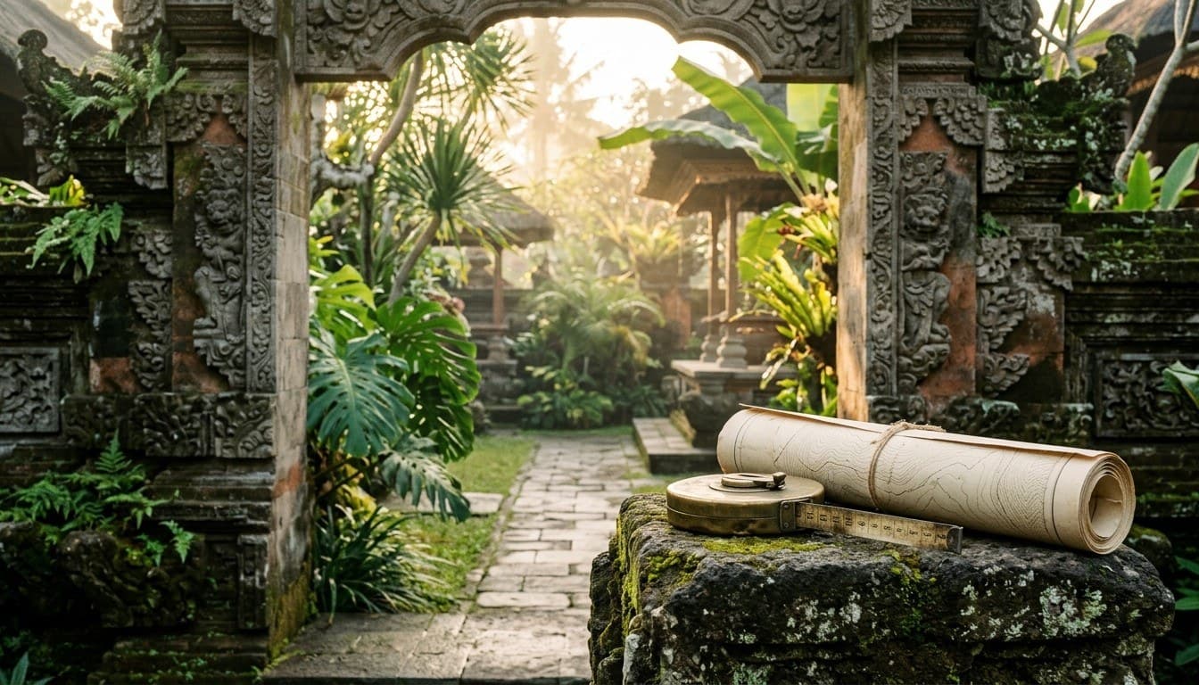 A traditional Balinese carved stone gateway with a vintage brass measuring tape and rolled survey map on a mossy plinth.