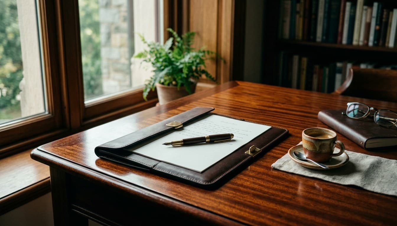 A leather-bound document folder and brass fountain pen set on a warm mahogany desk beside a morning window and a cup of coffee.