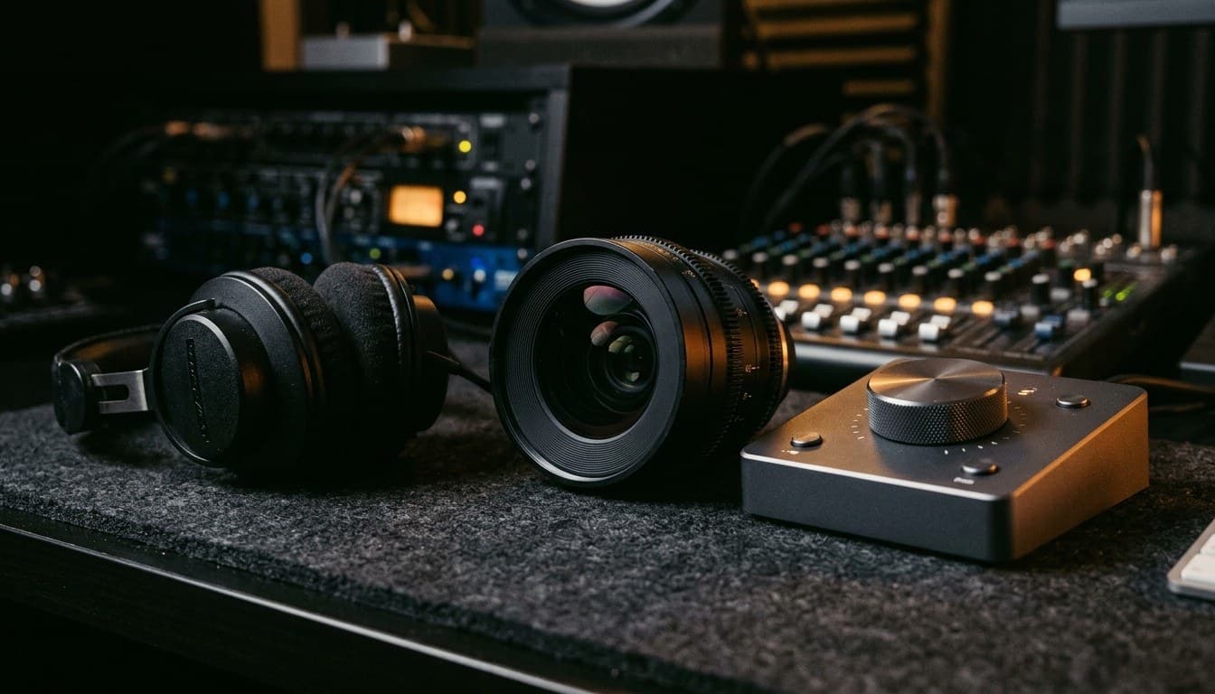Studio monitor headphones and a camera lens element beside an aluminum rotary control module on a sound studio desk.