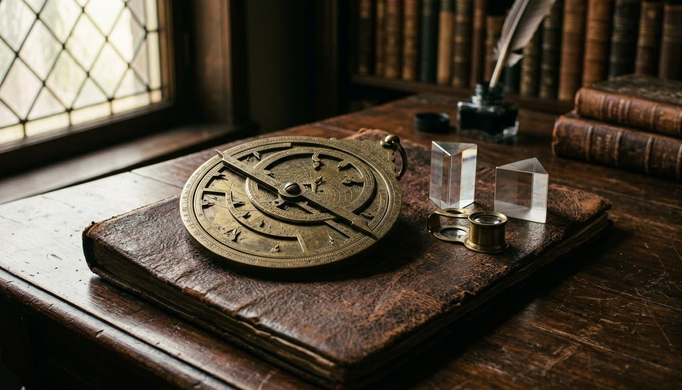 An intricate antique brass astrolabe and optical glass prisms on a leather folio atop an antique walnut scholar desk.