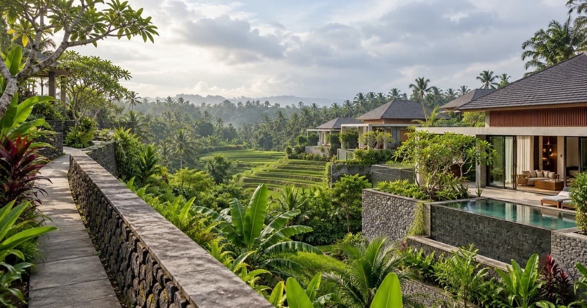 Illustrative contemporary villa beside terraced greenery in a Gianyar-inspired landscape