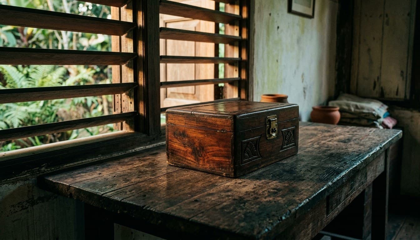 A handcrafted wooden keepsake box resting on a rustic timber table beside a slatted window with soft morning light.