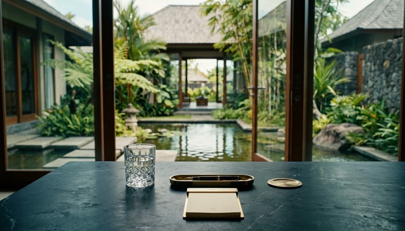 A dark marble executive table with a crystal water glass and brass pen tray overlooking a tranquil courtyard garden pond through open glass doors.