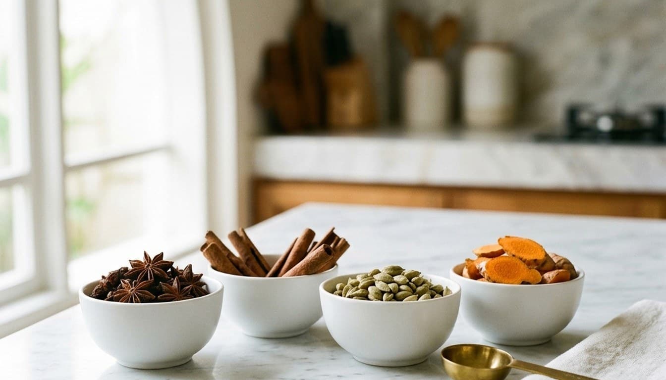 Porcelain bowls of organic Indonesian whole spices and a brass spoon arranged on a white marble inspection slab.