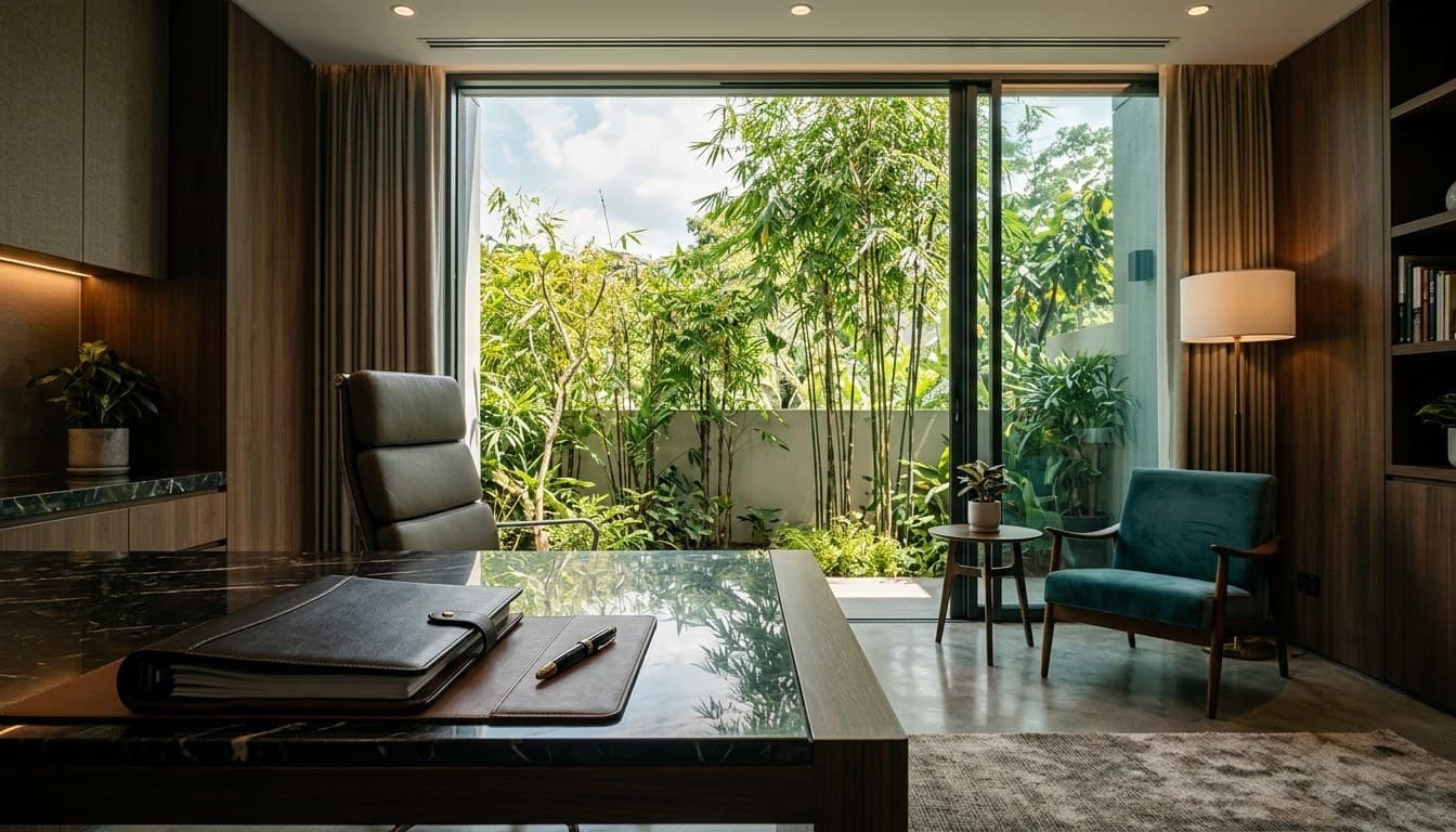 An upscale private health consultation office with a dark marble desk and leather binder facing a sunlit bamboo garden.
