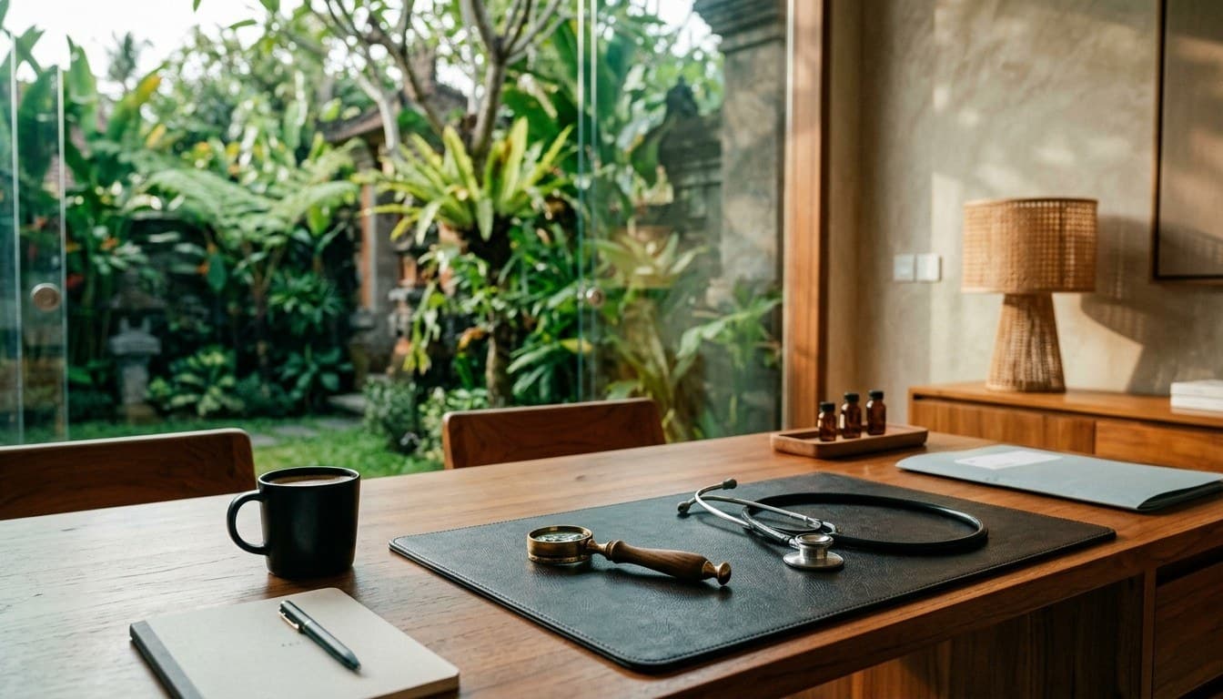 A doctor consultation desk in Bali with an acoustic stethoscope, notepad, and coffee mug overlooking a serene tropical garden.