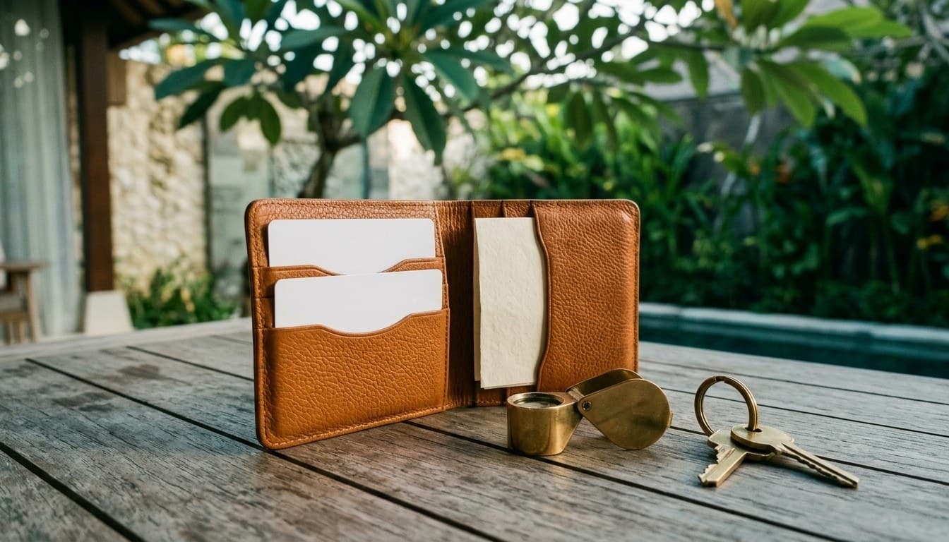A tan leather wallet with blank white cards, brass loupe, and keys on an outdoor wooden table beside a villa pool.