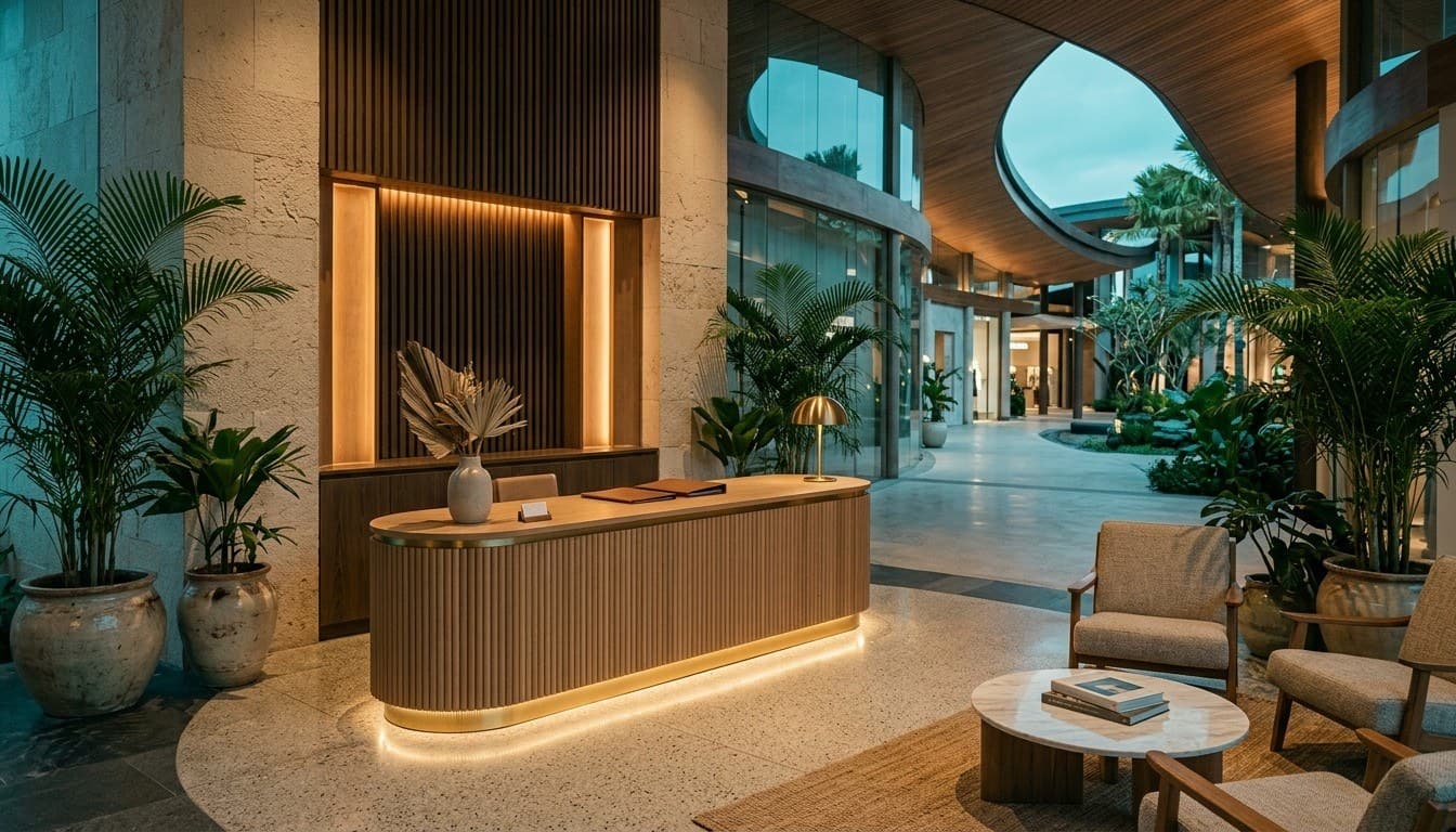 A contemporary curved wooden reception desk and seating lounge in an airy open-concept pavilion flanked by large potted palms.