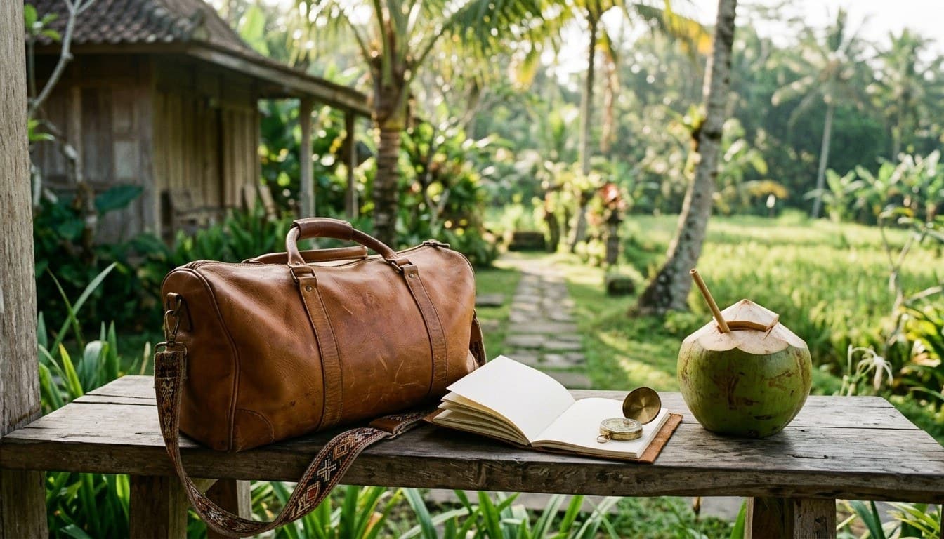 A leather duffel bag, open blank journal, compass, and fresh drinking coconut on a rustic wooden bench in rural Indonesia.