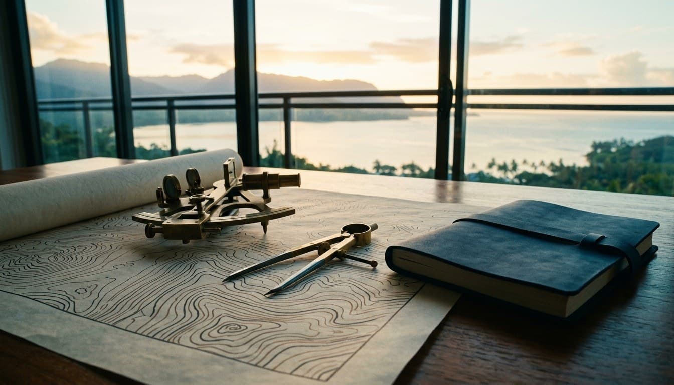 A brass sextant, compass divider, contour drafting parchment, and navy journal facing tropical mountain peaks.