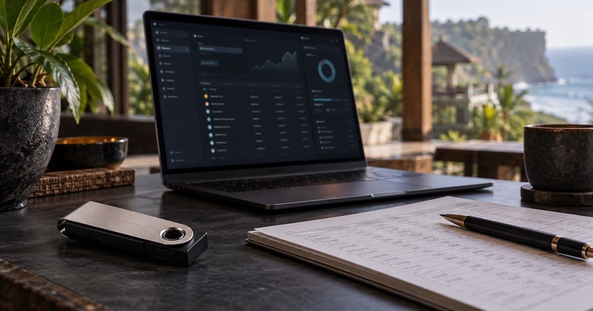 Illustrative hardware wallet, transaction ledger and laptop in a modern Bali workspace
