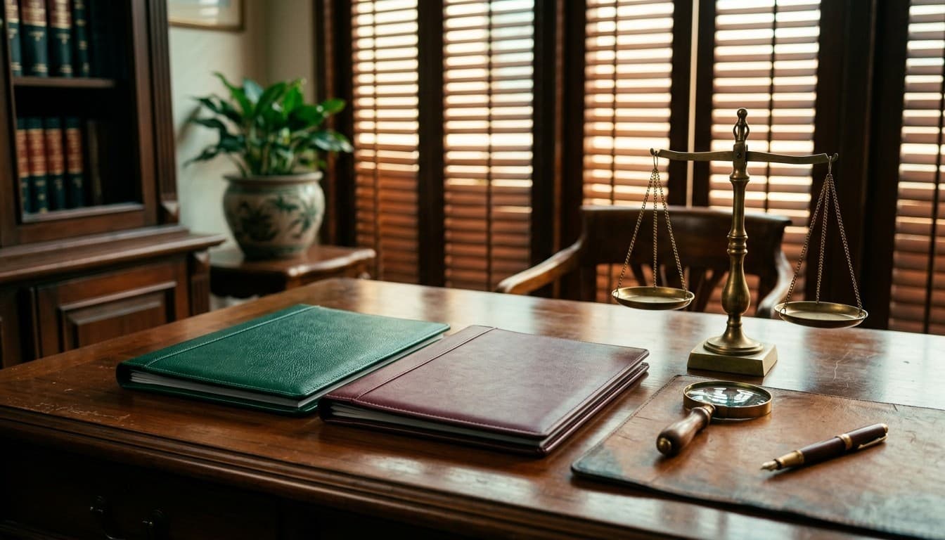 Two distinct leather document folios beside brass balance scales and a magnifying glass on an attorney's desk.