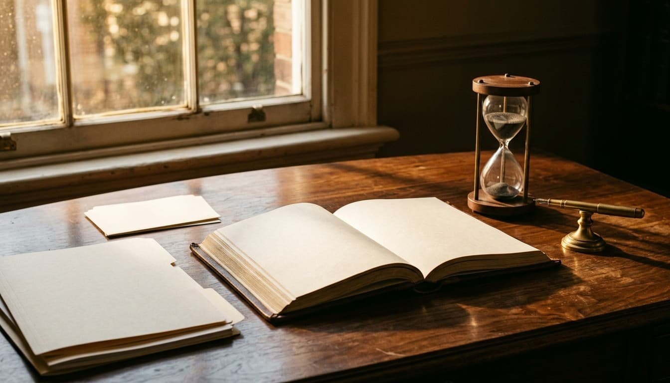 Editorial photograph of an open blank ledger, glass hourglass with running sand, and brass fountain pen on a walnut desk