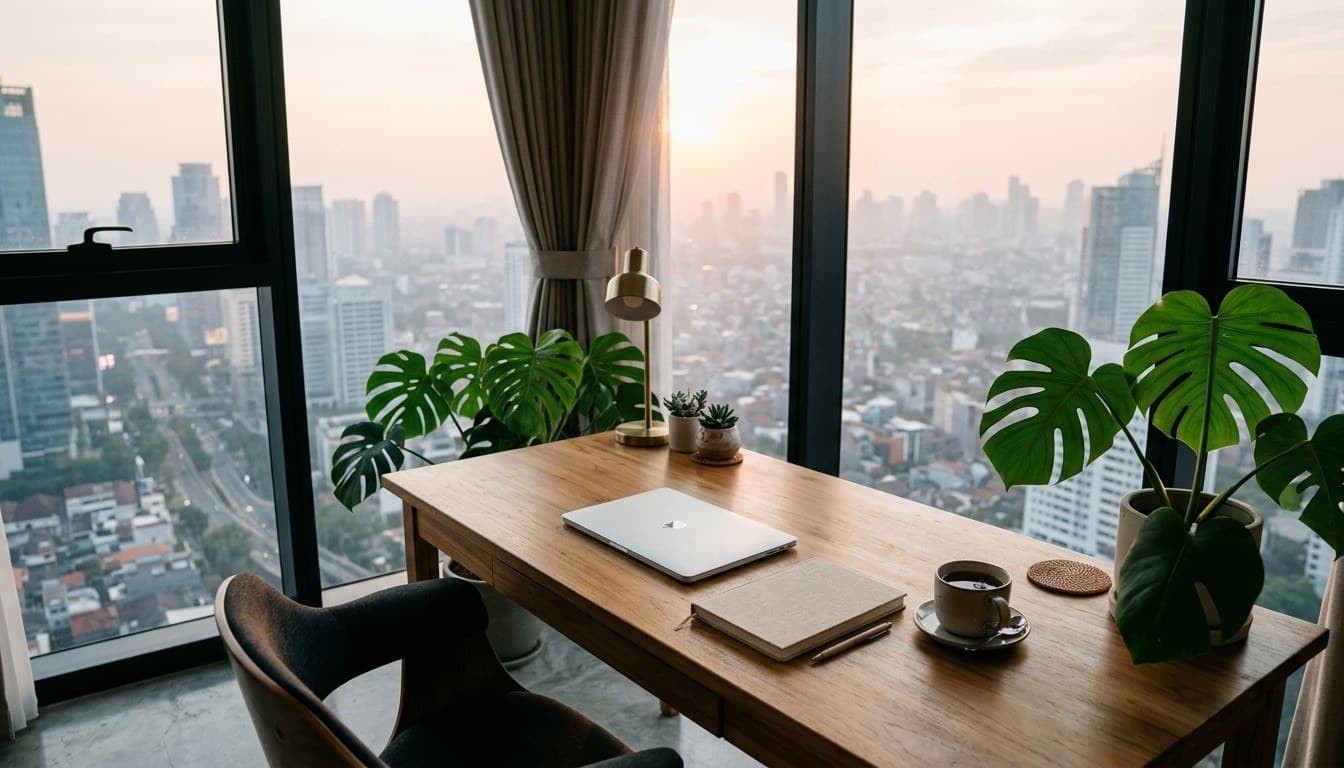 A peaceful tropical work-from-home desk with monstera plants and a laptop overlooking the Jakarta skyline at sunrise.