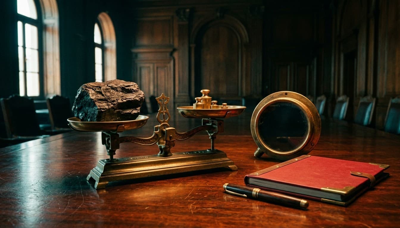 A brass balance scale dipping under iron weight beside a brass oil gauge on a dark mahogany table.